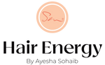 Logo of 'Hair Energy by Ayesha Sohaib' with a peach-colored circular design on a white background.
